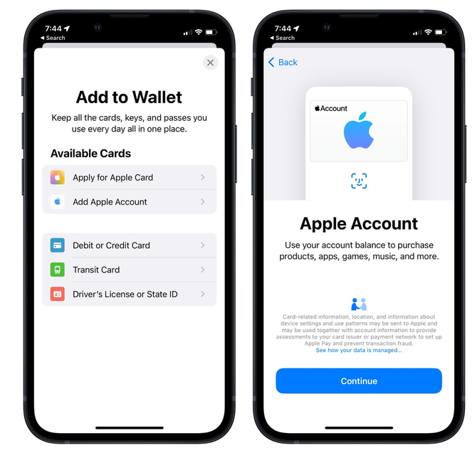 围场苹果手机维修分享iOS 15.5钱包App如何添加 Apple 账户 