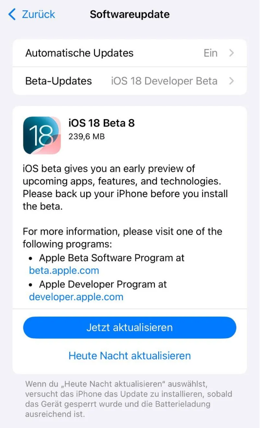 围场苹果手机维修分享苹果 iOS / iPadOS 18 开发者预览版 Beta 8 发布 